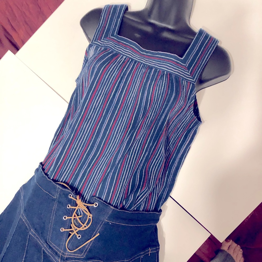 SLEEVELESS BLOUSE WITH SQUARE NECKLINE Blue Pin Stripe & SO CUTE!